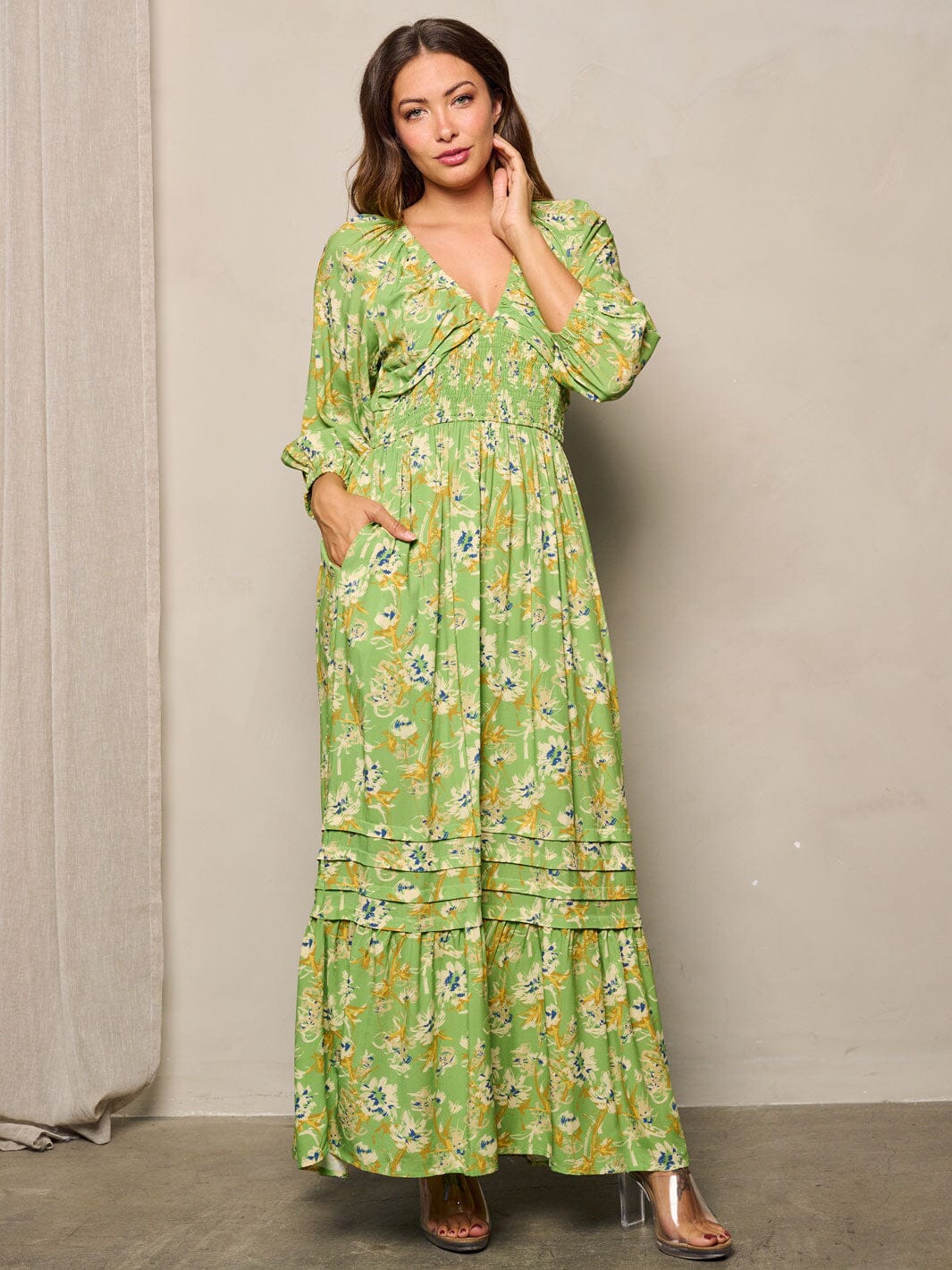 WOMEN'S LONG SLEEVE POCKETS V-NECK FLORAL MAXI DRESS