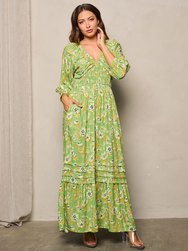 WOMEN'S LONG SLEEVE POCKETS V-NECK FLORAL MAXI DRESS