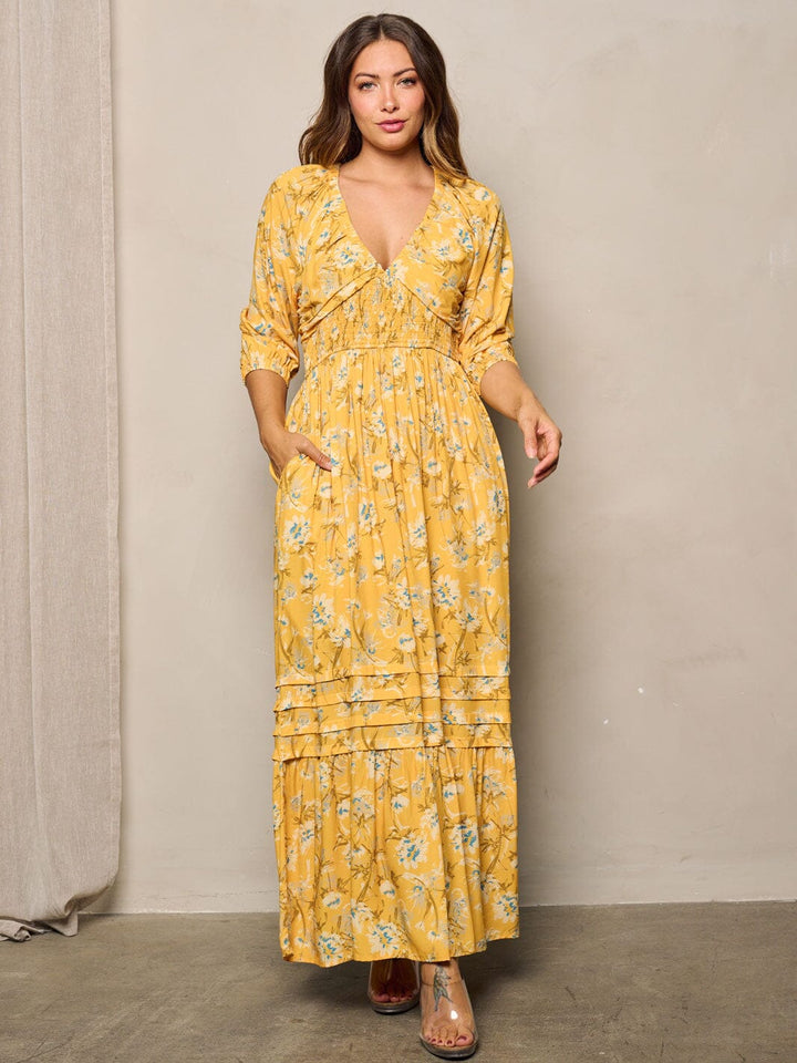 WOMEN'S LONG SLEEVE POCKETS V-NECK FLORAL MAXI DRESS