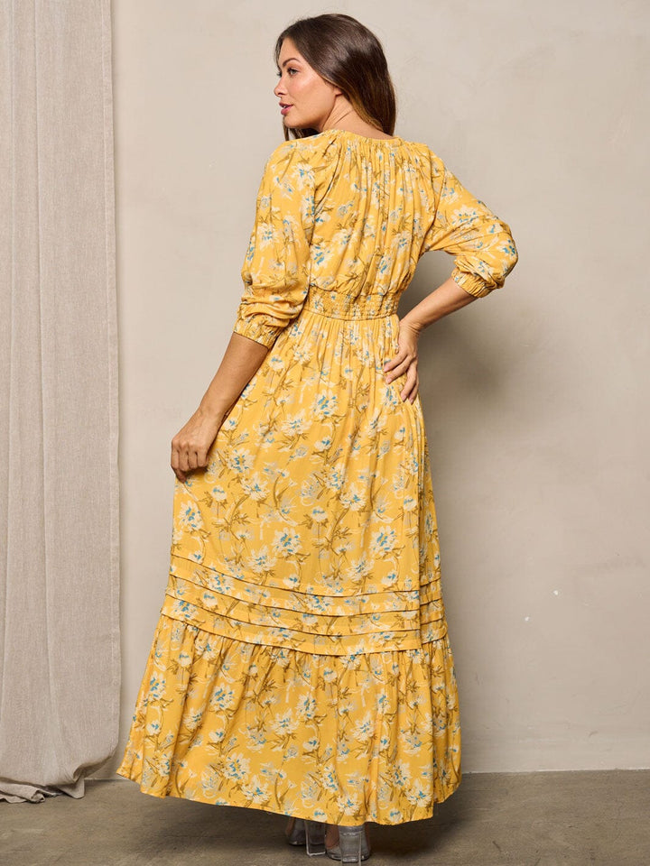 WOMEN'S LONG SLEEVE POCKETS V-NECK FLORAL MAXI DRESS