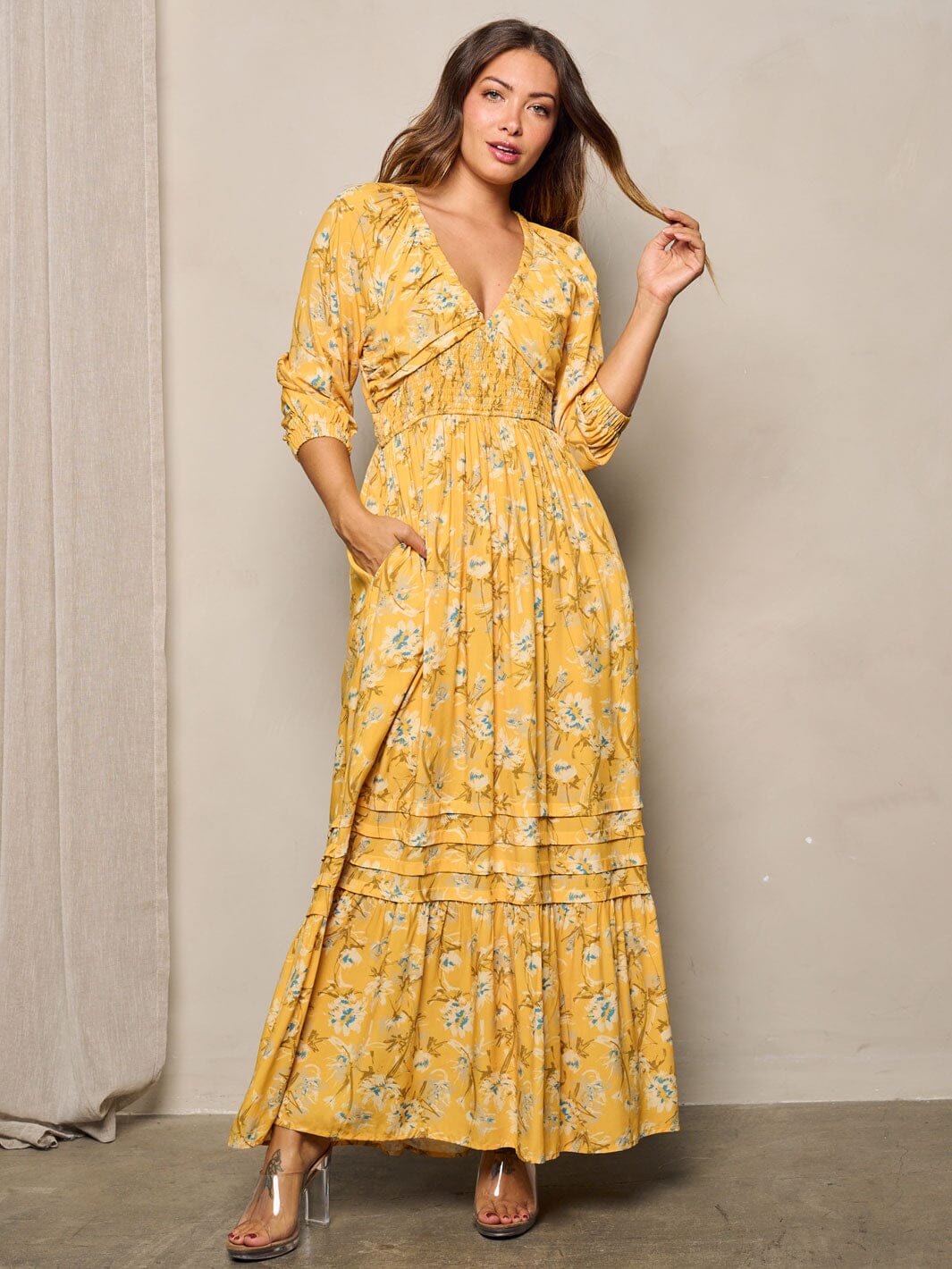 WOMEN'S LONG SLEEVE POCKETS V-NECK FLORAL MAXI DRESS