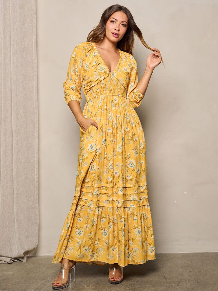 WOMEN'S LONG SLEEVE POCKETS V-NECK FLORAL MAXI DRESS