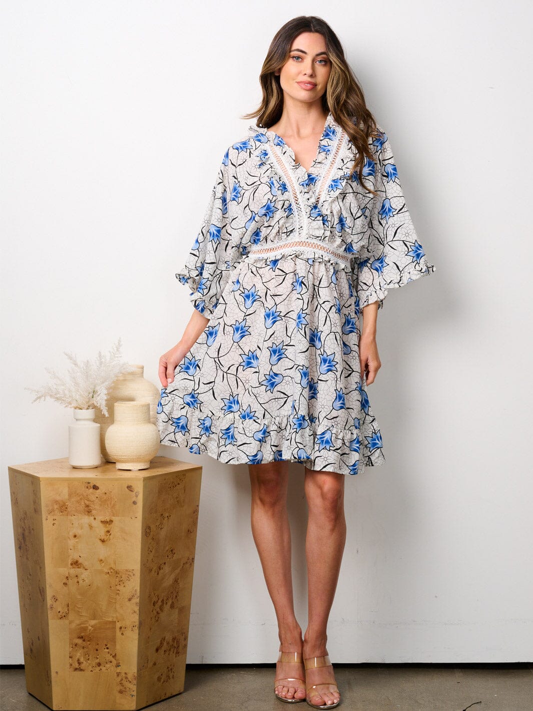 WOMEN'S 3/4 SLEEVE V-NECK RUFFLE FLORAL MINI DRESS
