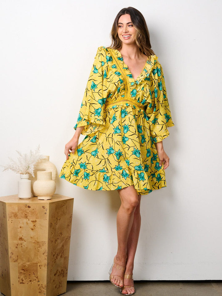 WOMEN'S 3/4 SLEEVE V-NECK RUFFLE FLORAL MINI DRESS