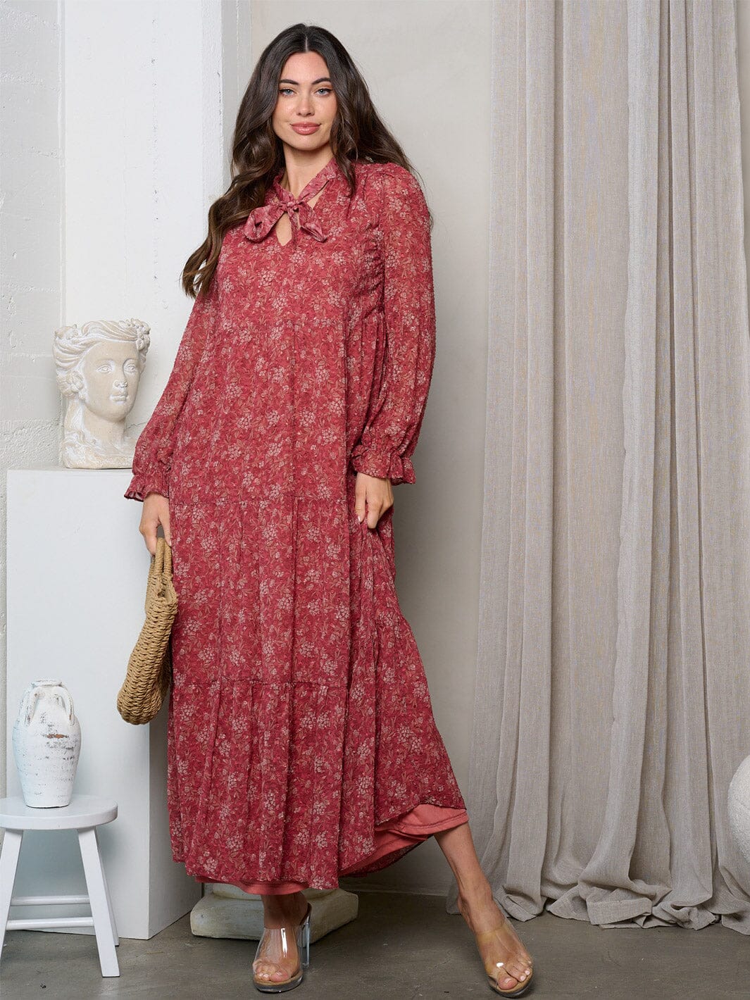 WOMEN'S LONG SLEEVE ELASTIC WAIST FLORAL TIERED MAXI DRESS