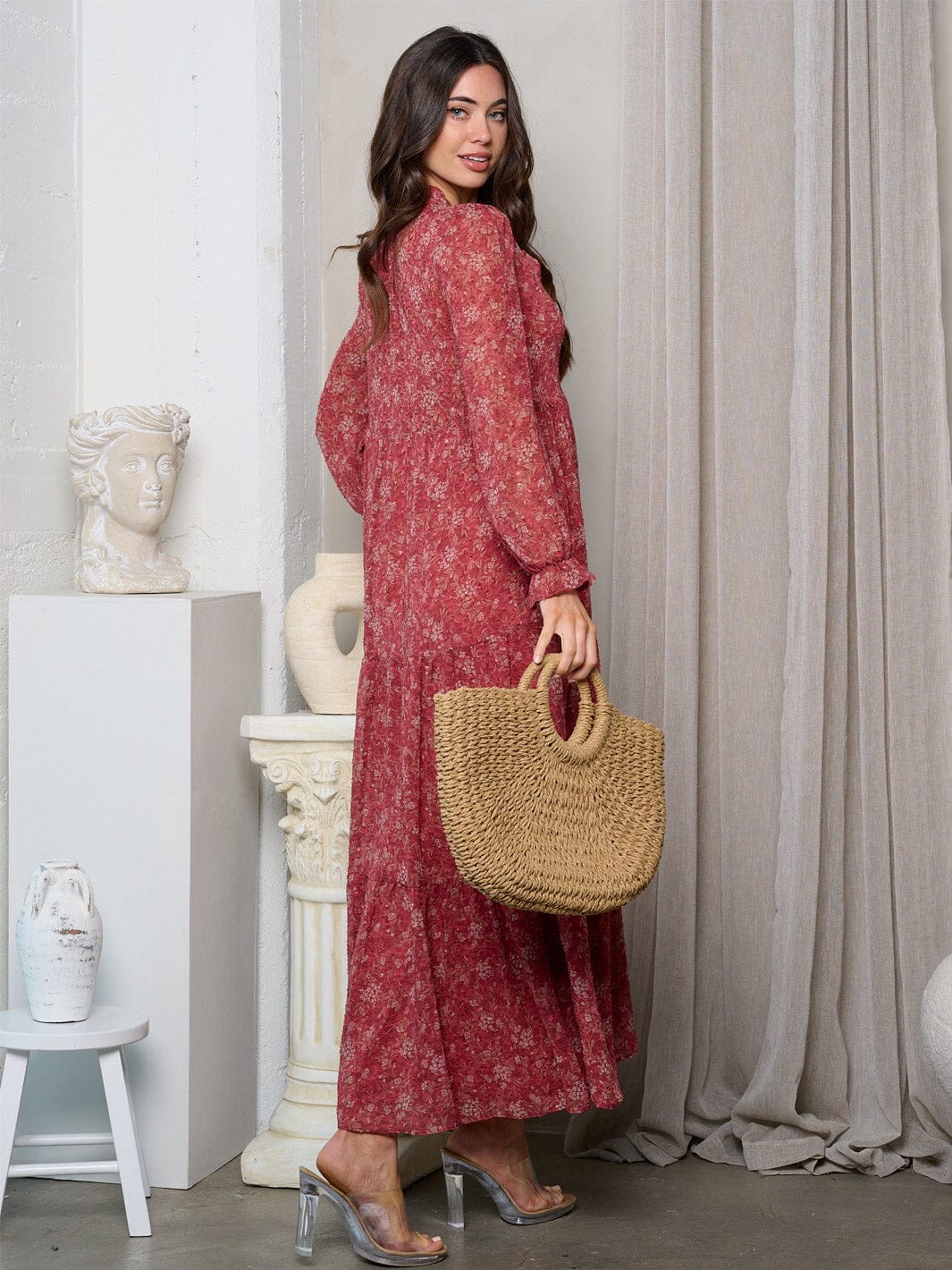 WOMEN'S LONG SLEEVE ELASTIC WAIST FLORAL TIERED MAXI DRESS