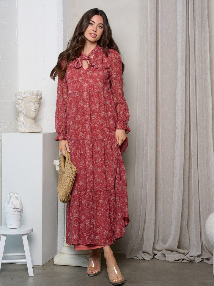 WOMEN'S LONG SLEEVE ELASTIC WAIST FLORAL TIERED MAXI DRESS