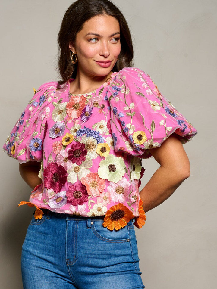 WOMEN'S SHORT PUFF SLEEVE EMBROIDERY FLOWERS MULTI COLORS BLOUSE TOP