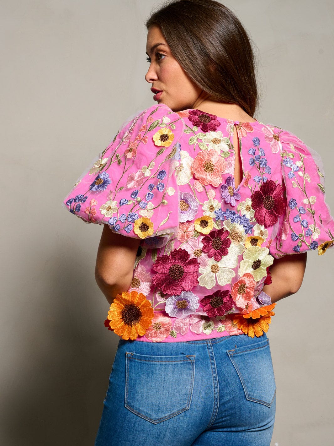 WOMEN'S SHORT PUFF SLEEVE EMBROIDERY FLOWERS MULTI COLORS BLOUSE TOP