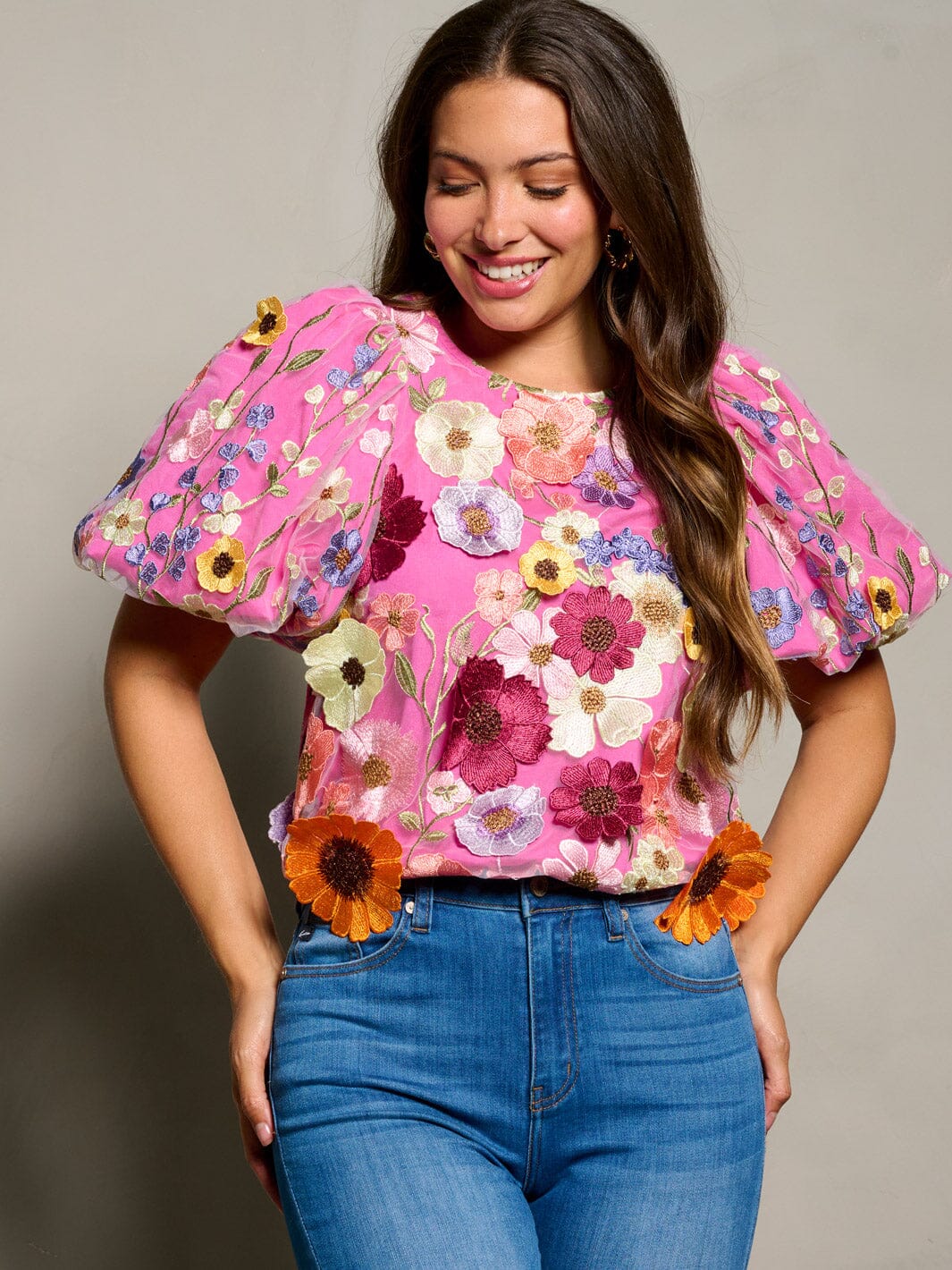 WOMEN'S SHORT PUFF SLEEVE EMBROIDERY FLOWERS MULTI COLORS BLOUSE TOP