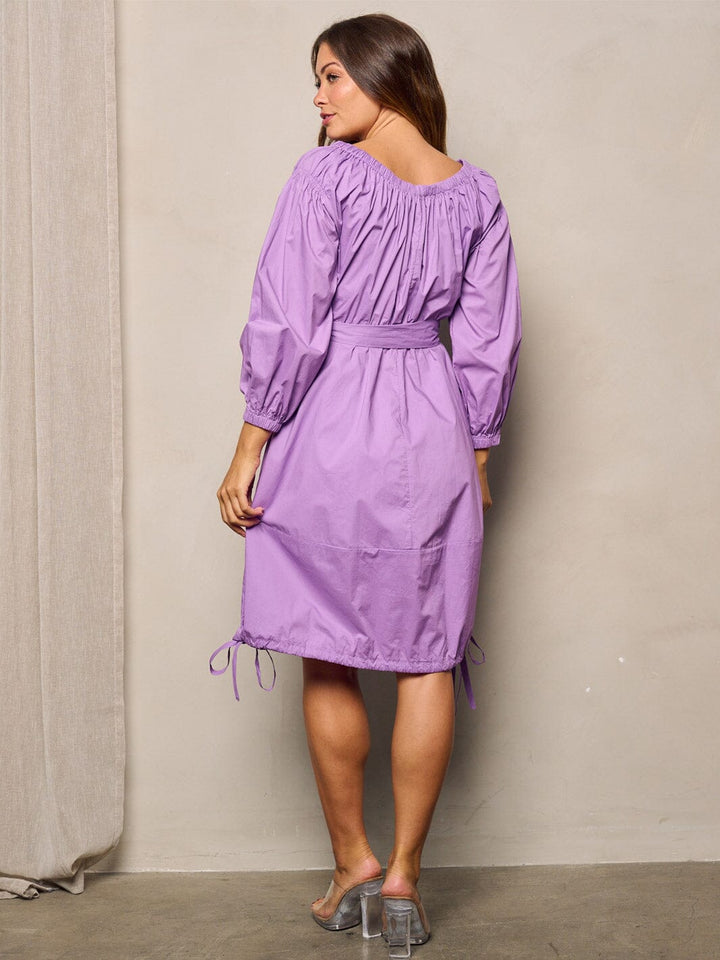 WOMEN'S LONG SLEEVES OFF SHOULDER SIDE RUCHED POCKETS MIDI DRESS