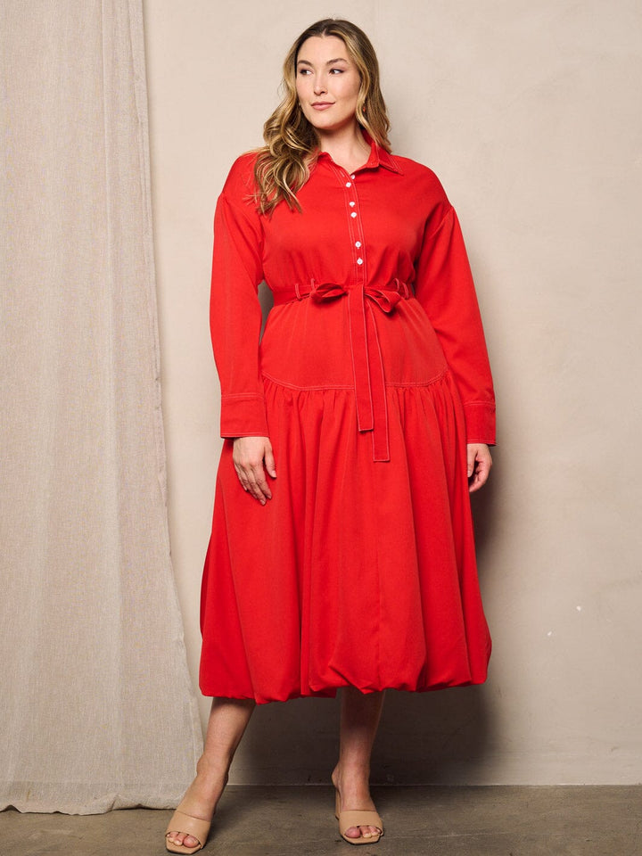 PLUS SIZE LONG SLEEVE BUTTON UP SELF TIE MIDI DRESS