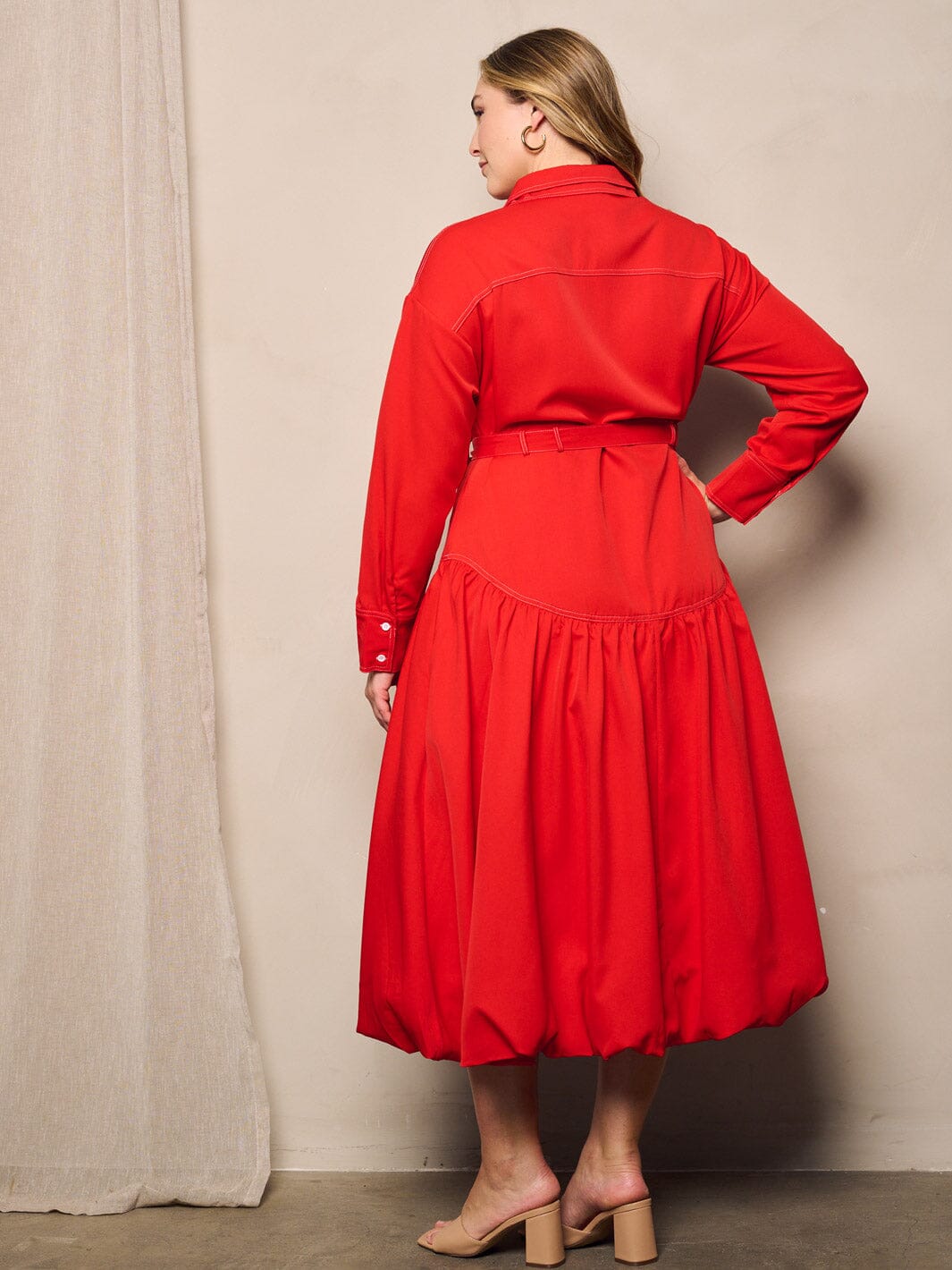 PLUS SIZE LONG SLEEVE BUTTON UP SELF TIE MIDI DRESS