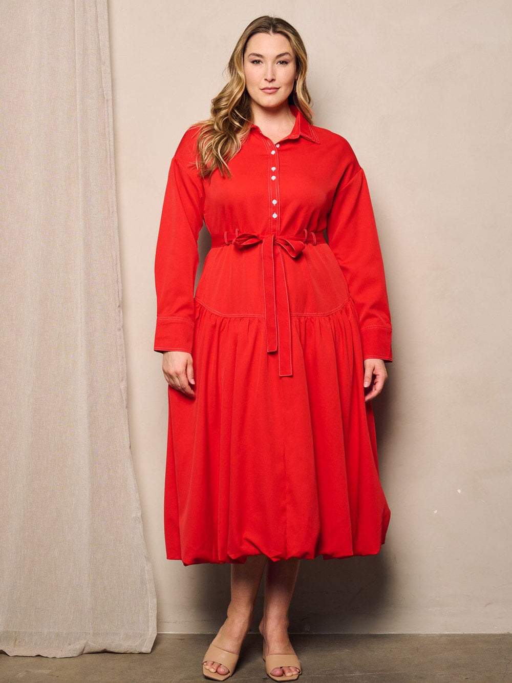 PLUS SIZE LONG SLEEVE BUTTON UP SELF TIE MIDI DRESS