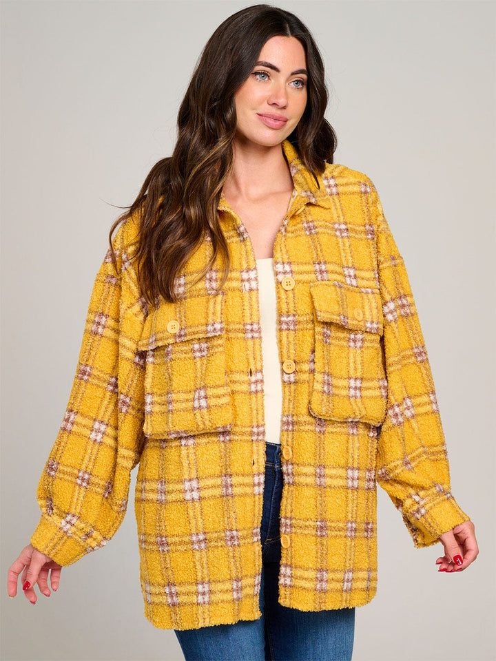 WOMEN'S LONG SLEEVE BUTTON CLOSURE FRONT POCKETS SHERPA PLAID JACKET