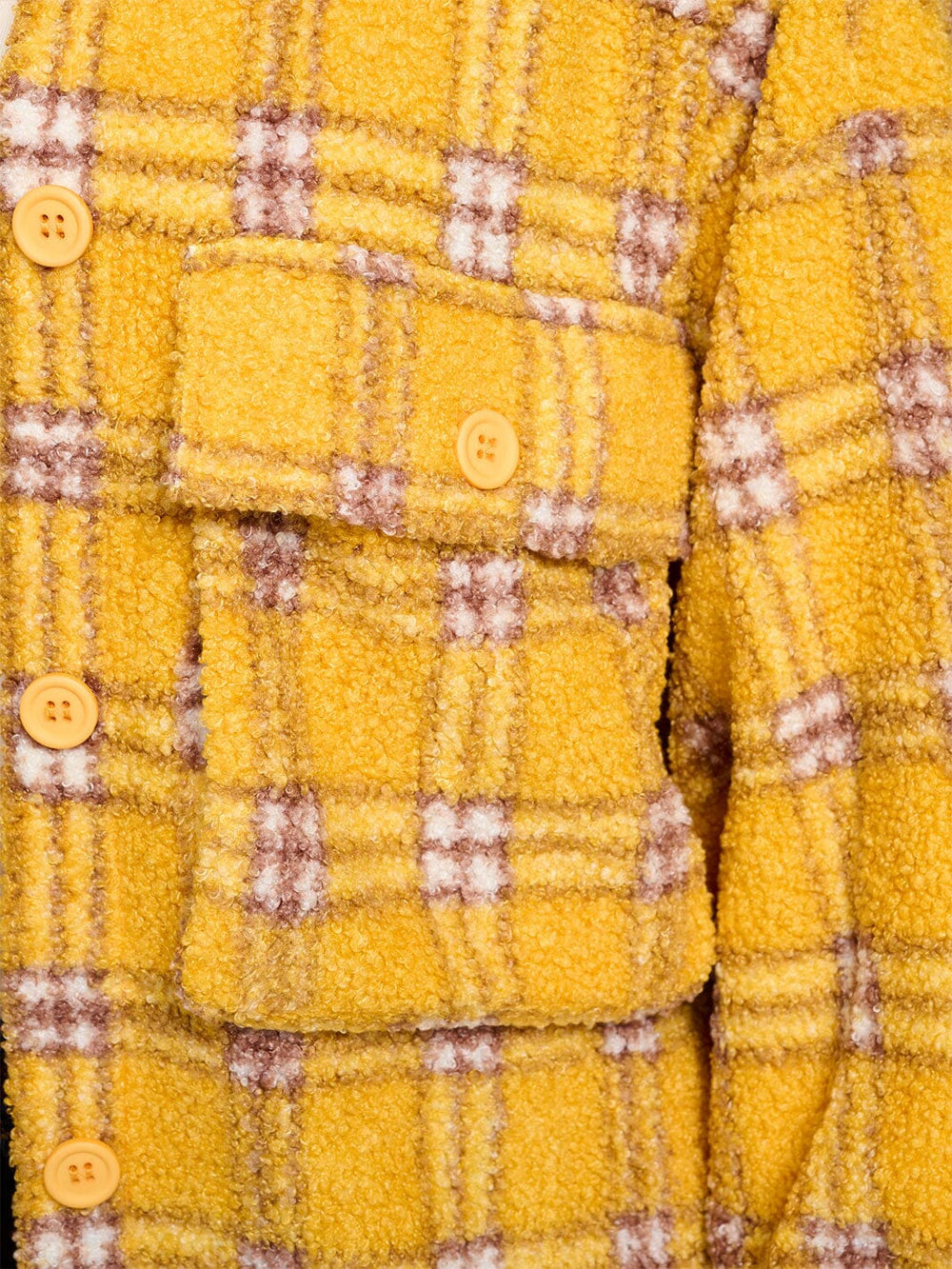 WOMEN'S LONG SLEEVE BUTTON CLOSURE FRONT POCKETS SHERPA PLAID JACKET