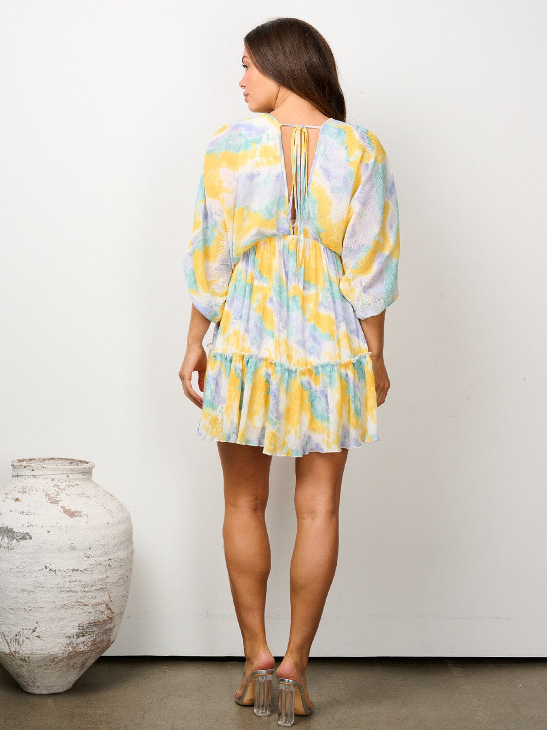 WOMEN'S SHORT SLEEVE V-NECK TIE DYE TUNIC MINI DRESS