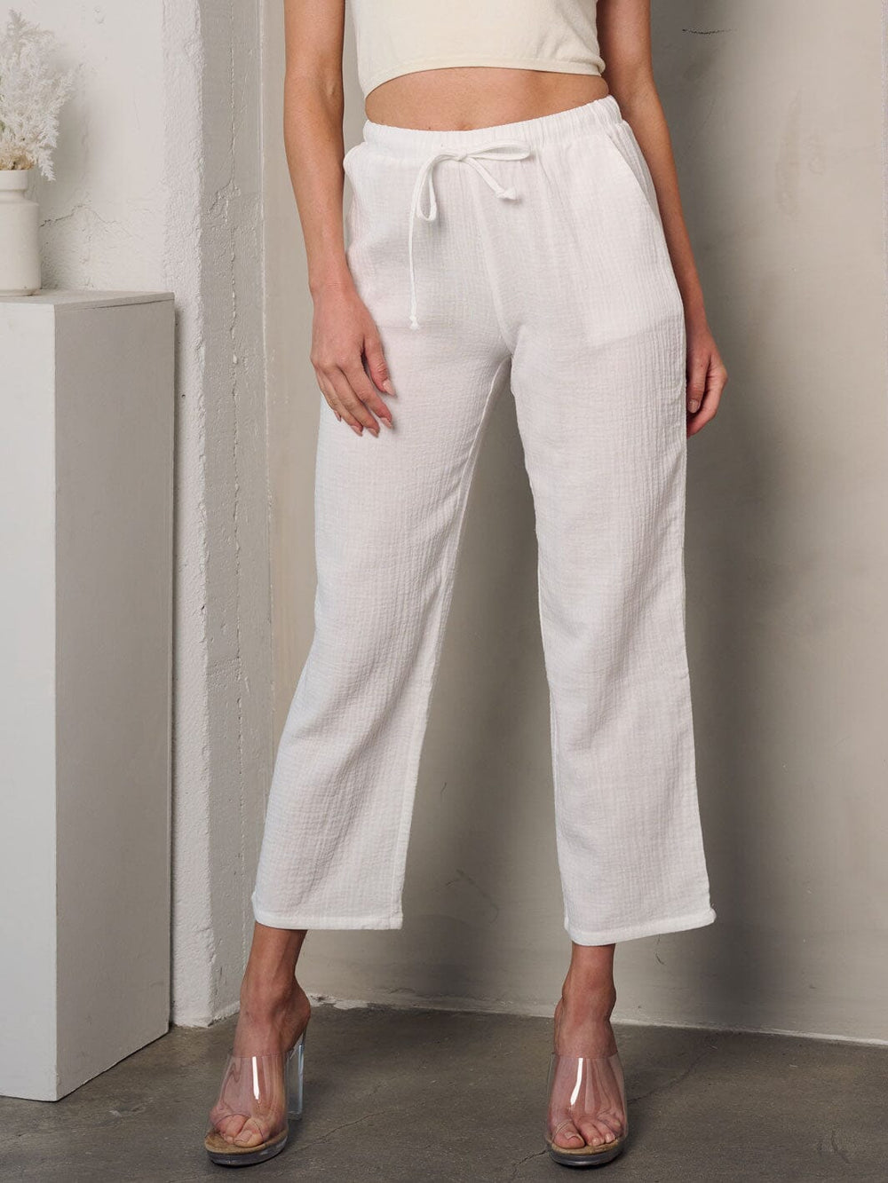 WOMEN'S FRONT TIE POCKETS WIDE LEG CROP PANTS