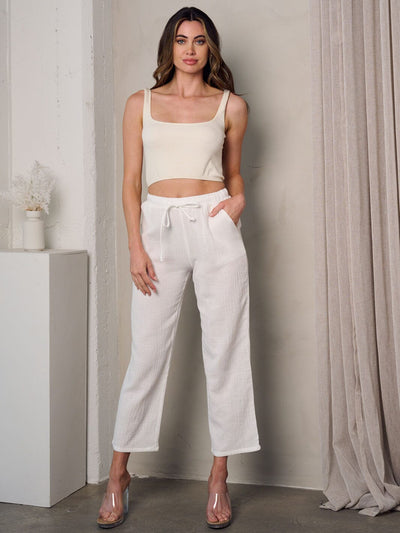 WOMEN'S FRONT TIE POCKETS WIDE LEG CROP PANTS