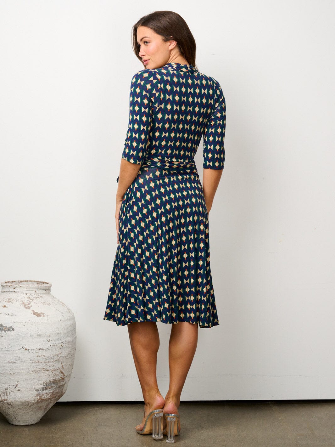 WOMEN'S 3/4 SLEEVE SURPLICE POCKETS MULTI PRINT MIDI DRESS