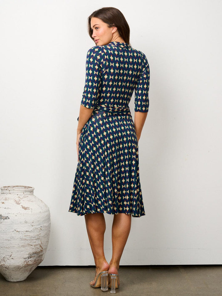 WOMEN'S 3/4 SLEEVE SURPLICE POCKETS MULTI PRINT MIDI DRESS