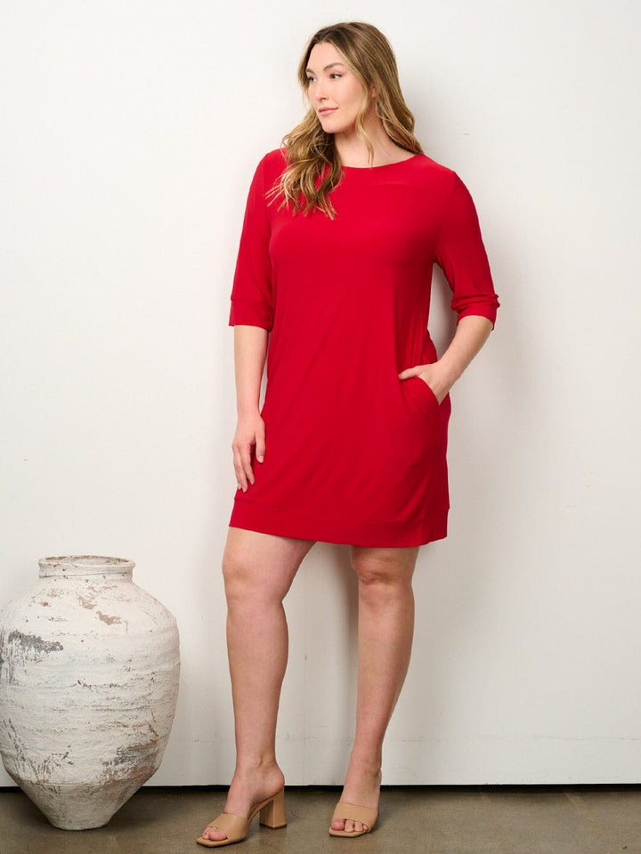 PLUS SIZE 3/4 SLEEVE POCKETS SOLID TUNIC MINI DRESS