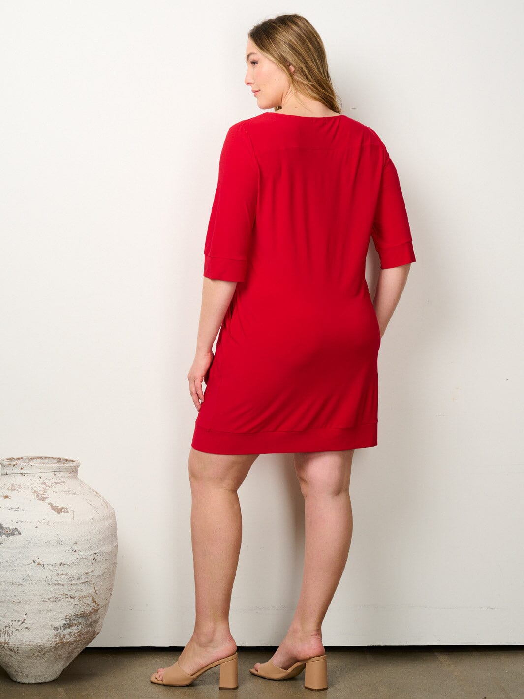 PLUS SIZE 3/4 SLEEVE POCKETS SOLID TUNIC MINI DRESS