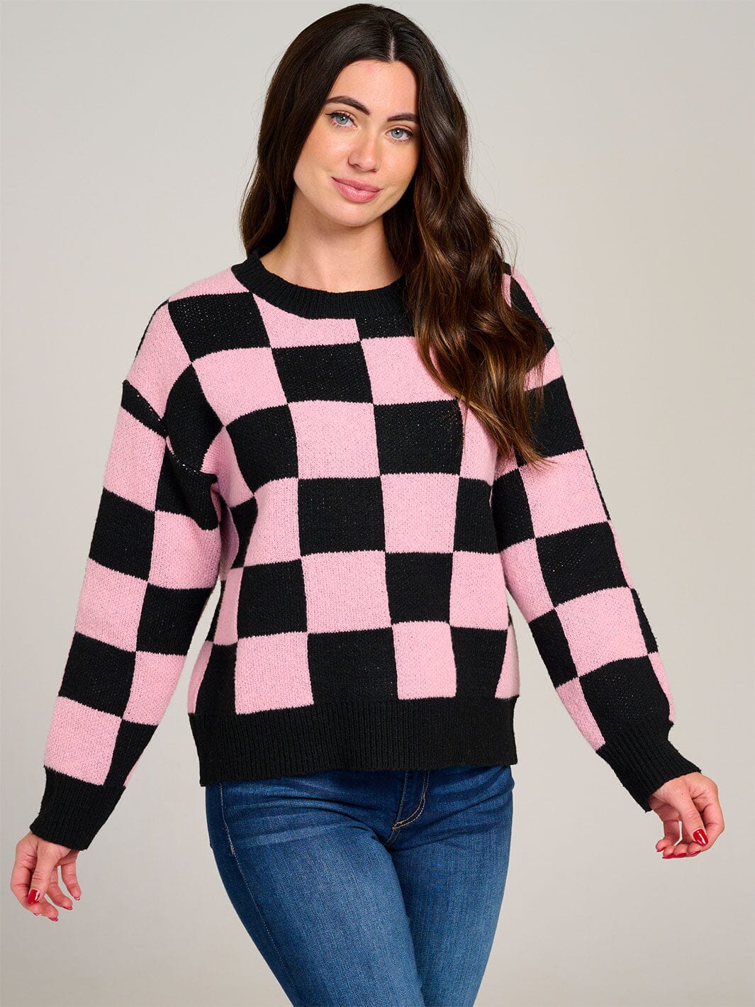 WOMEN'S LONG SLEEVE COLORBLOCK CHECKERS PULLOVER SWEATER