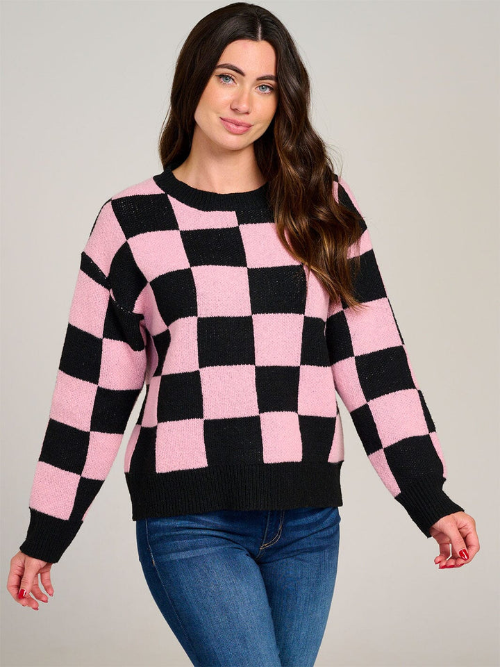 WOMEN'S LONG SLEEVE COLORBLOCK CHECKERS PULLOVER SWEATER