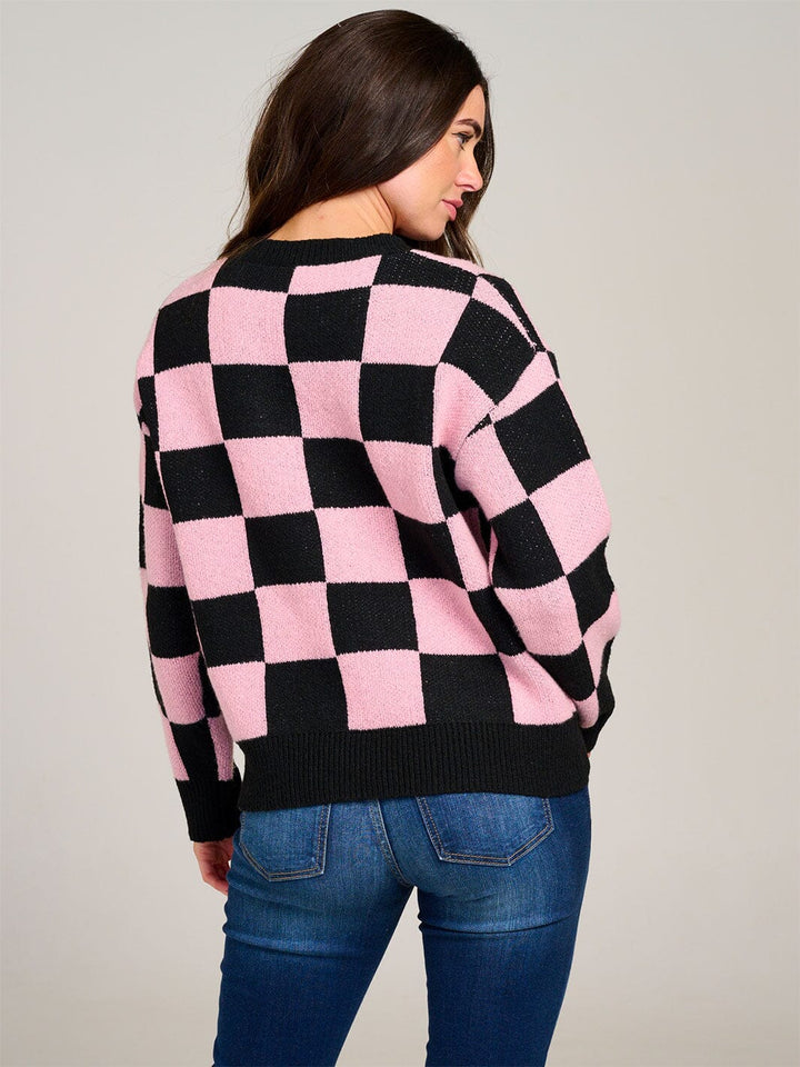 WOMEN'S LONG SLEEVE COLORBLOCK CHECKERS PULLOVER SWEATER