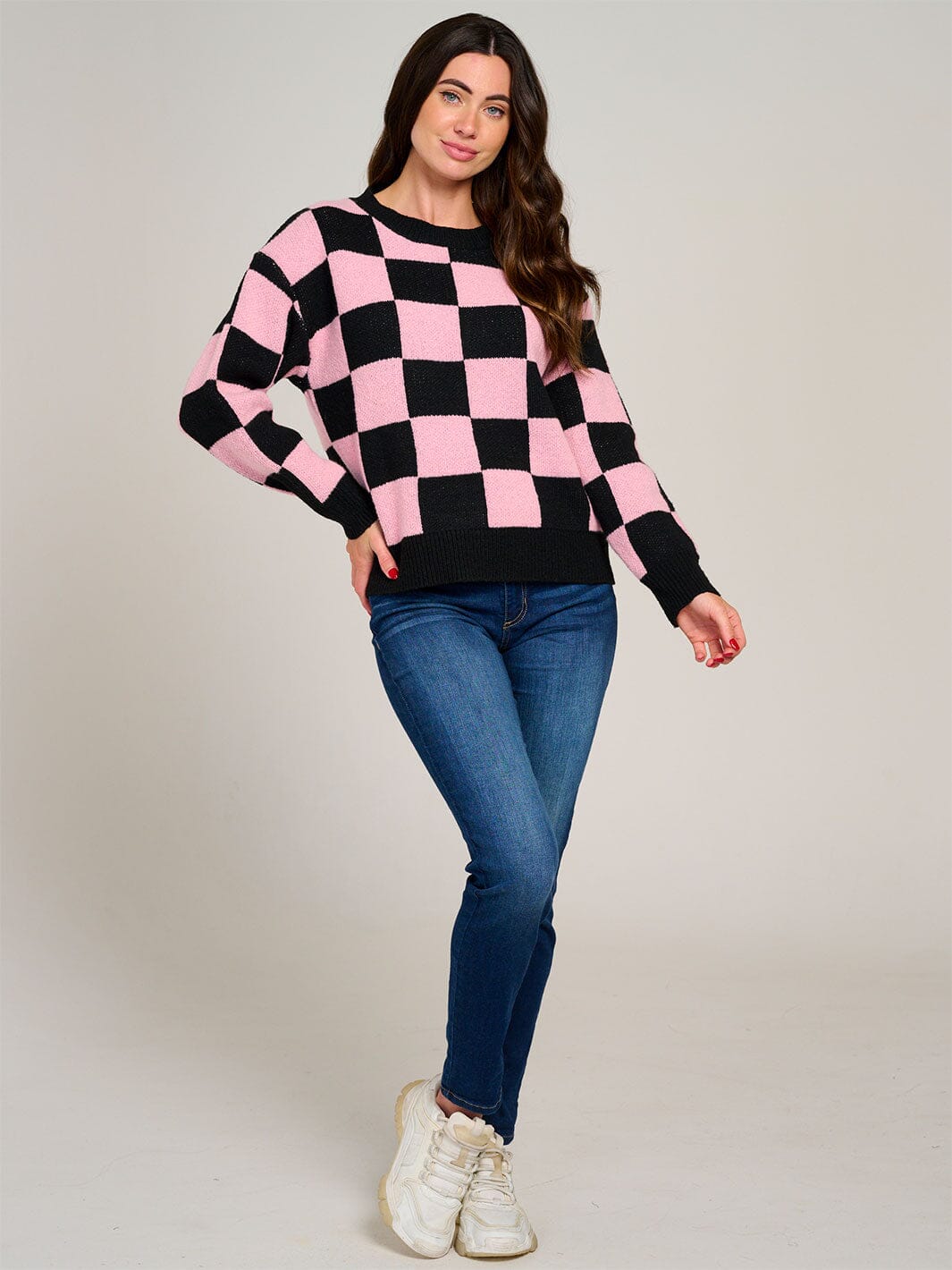 WOMEN'S LONG SLEEVE COLORBLOCK CHECKERS PULLOVER SWEATER