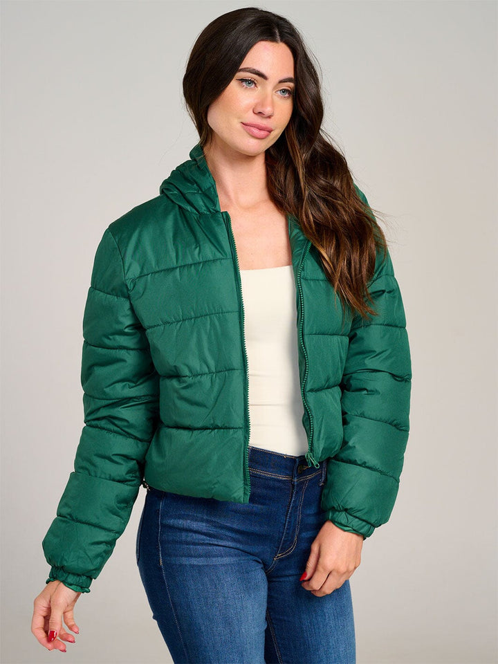 WOMEN'S LONG SLEEVE ZIPPER CLOSURE HOODED PUFFER JACKET