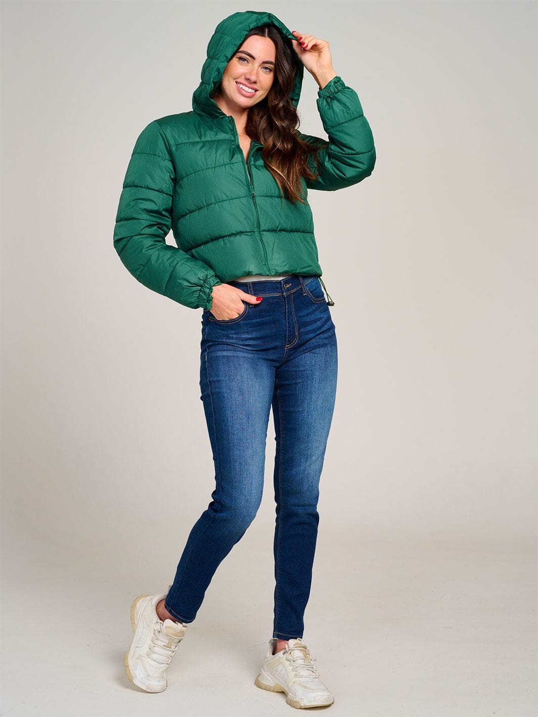 WOMEN'S LONG SLEEVE ZIPPER CLOSURE HOODED PUFFER JACKET