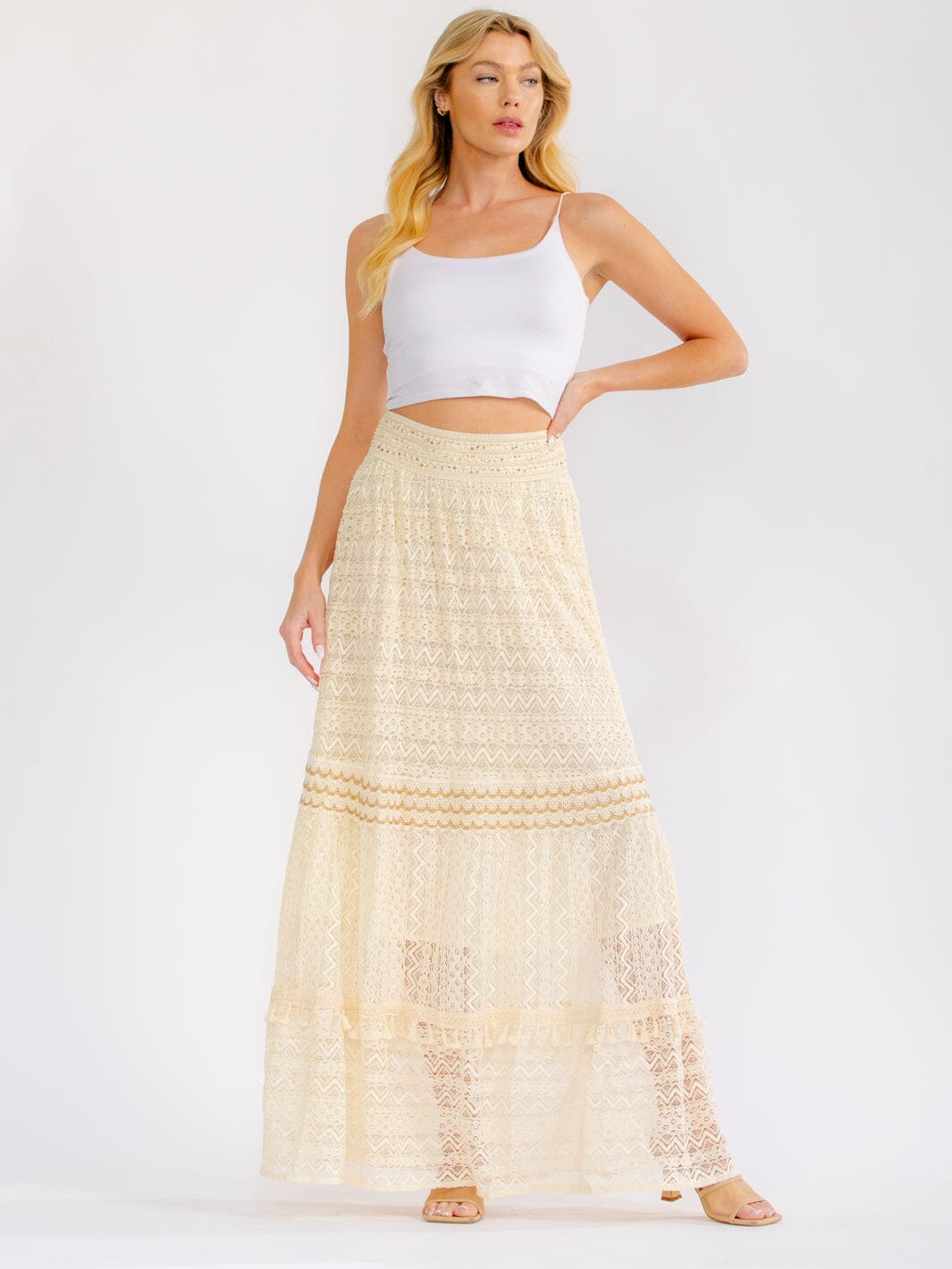 WOMEN'S ELASTIC WAIST SEQUINS SHIMMER LACE TIERED MAXI SKIRT