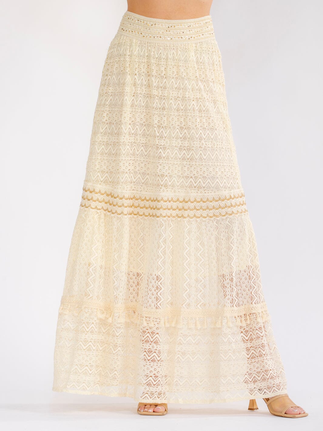 WOMEN'S ELASTIC WAIST SEQUINS SHIMMER LACE TIERED MAXI SKIRT