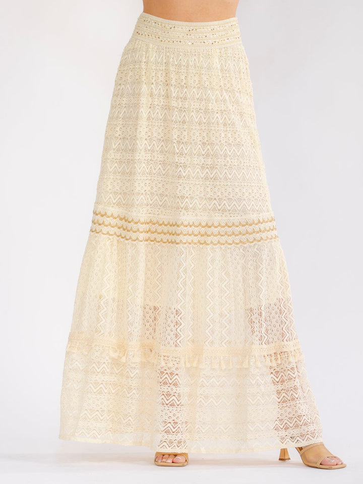WOMEN'S ELASTIC WAIST SEQUINS SHIMMER LACE TIERED MAXI SKIRT
