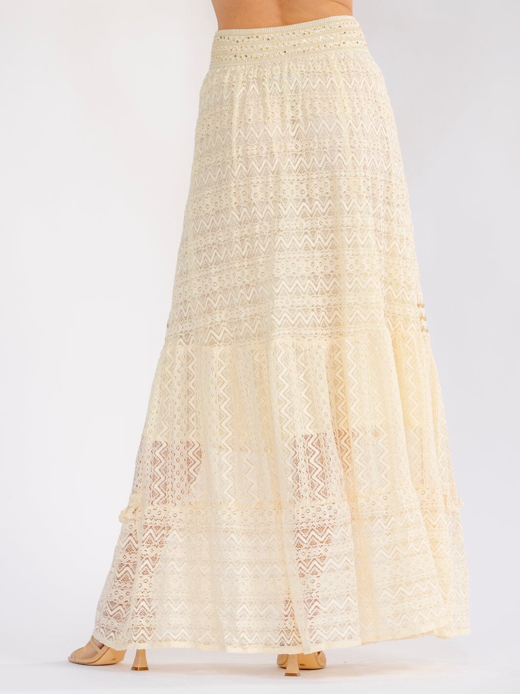 WOMEN'S ELASTIC WAIST SEQUINS SHIMMER LACE TIERED MAXI SKIRT