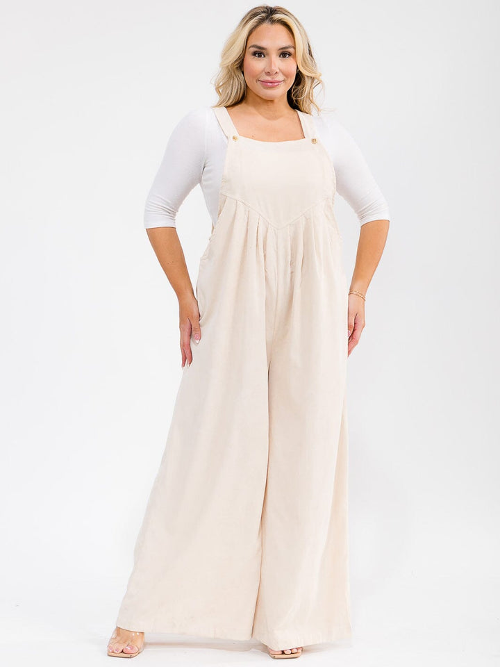 PLUS SIZE SLEEVELESS SQUARE NECK POCKETS WIDE LEG CORDUROY JUMPSUIT