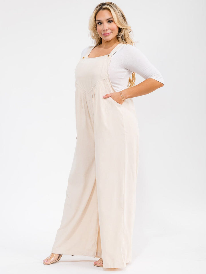 PLUS SIZE SLEEVELESS SQUARE NECK POCKETS WIDE LEG CORDUROY JUMPSUIT