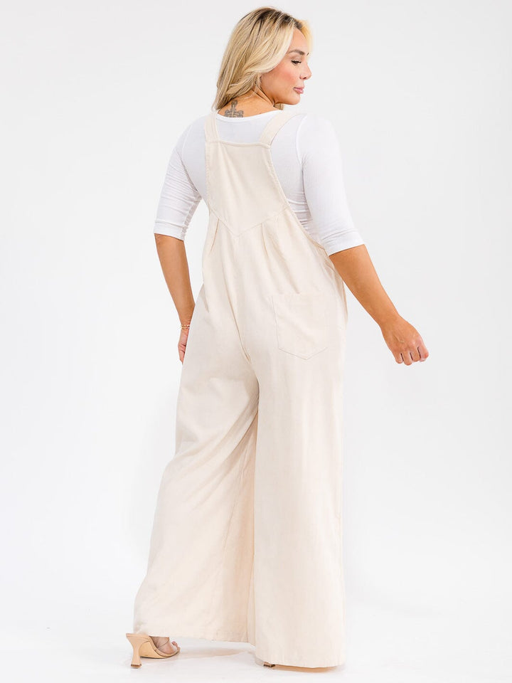 PLUS SIZE SLEEVELESS SQUARE NECK POCKETS WIDE LEG CORDUROY JUMPSUIT