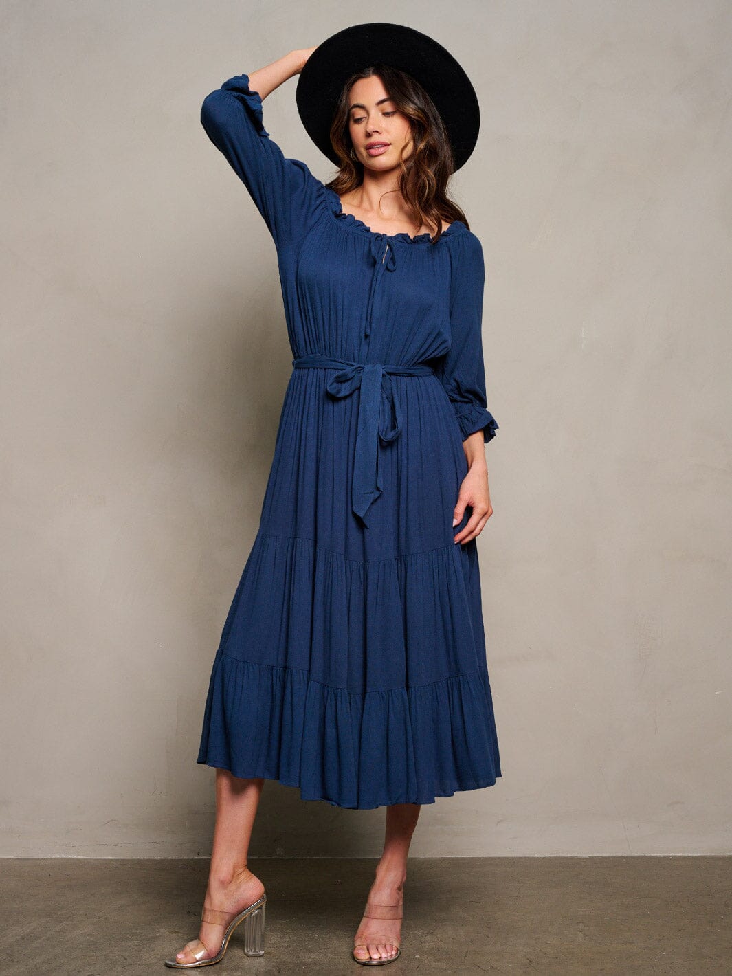 WOMEN'S LONG SLEEVE OFF SHOULDER SELF TIE TIERED MAXI DRESS