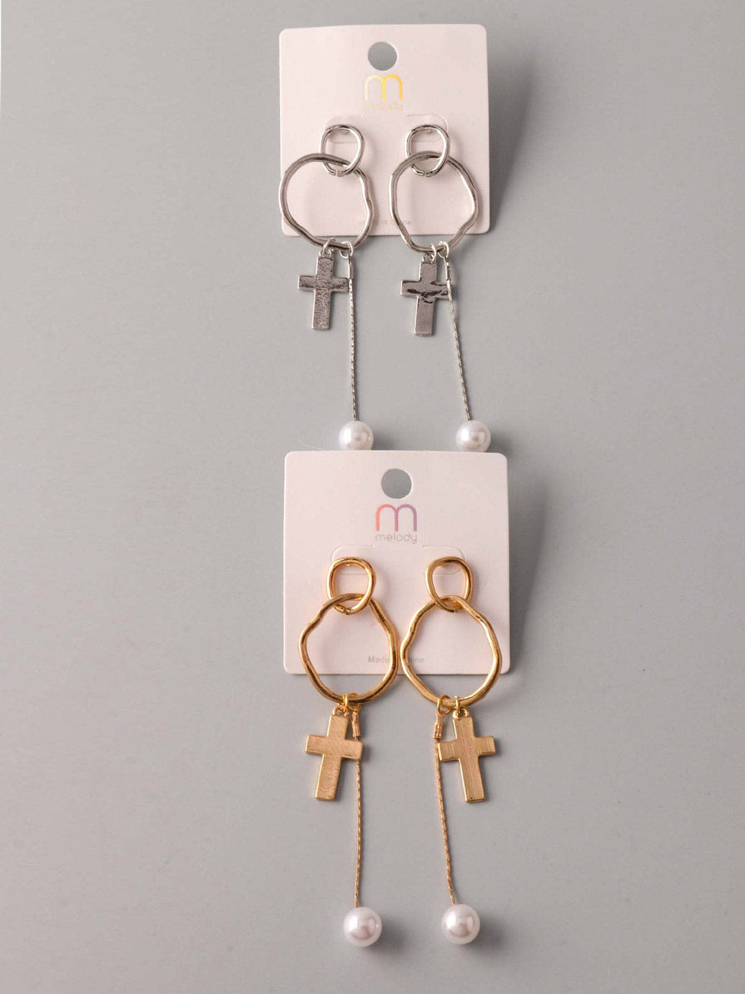 WOMEN'S GOLD & SILVER PEARL CROSS EARRINGS