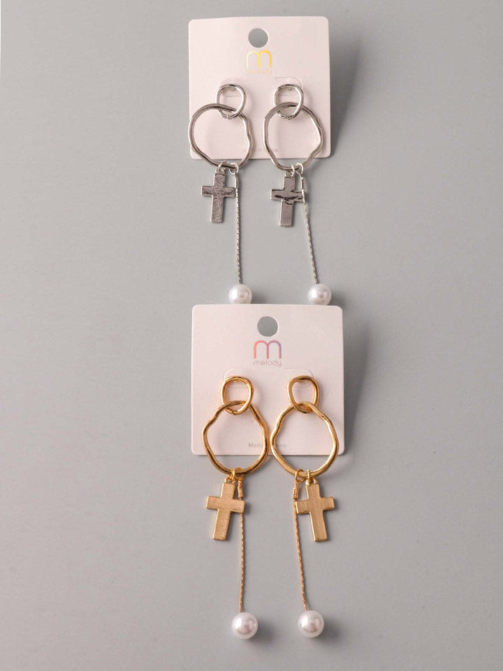 WOMEN'S GOLD & SILVER PEARL CROSS EARRINGS