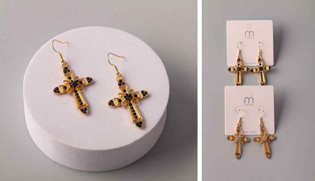 FASHION BLACK & WHITE HANGING CROSS EARRINGS