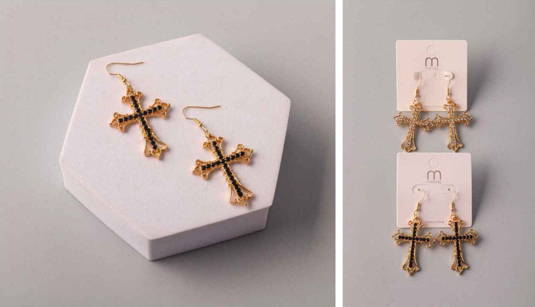 FASHION BLACK & WHITE HANGING CROSS EARRINGS