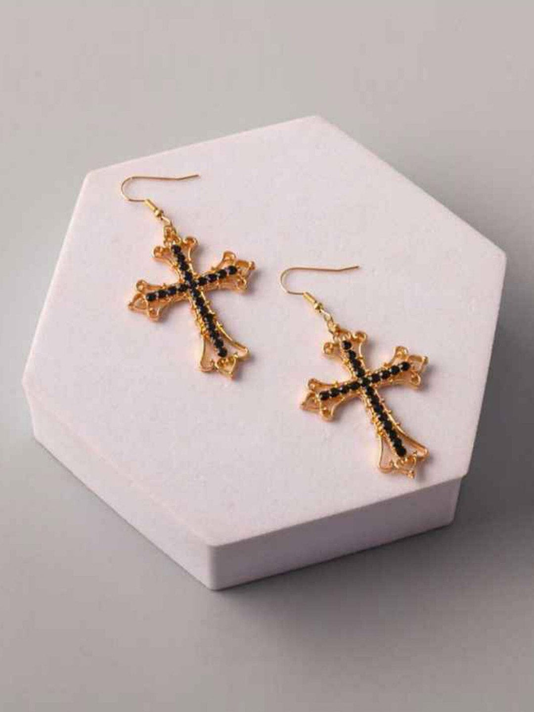 FASHION BLACK & WHITE HANGING CROSS EARRINGS