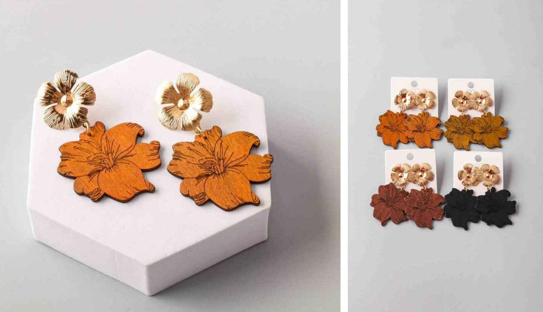 FASHION ASSORTED COLORS WOOD FLORAL EARRINGS