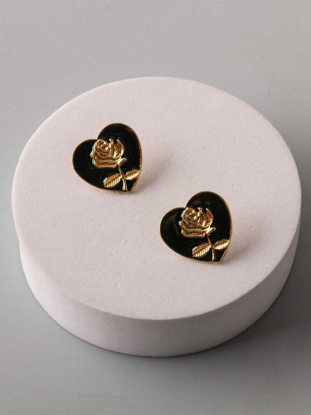 FASHION BLACK & GOLD FLOWER HEART EARRINGS