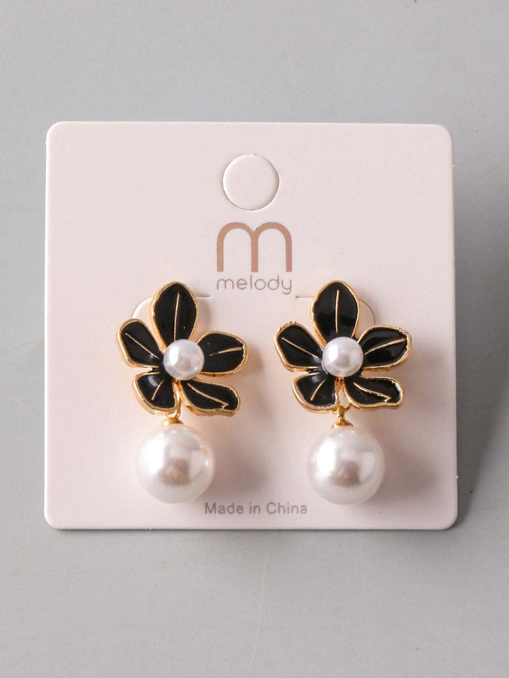 FASHION BLACK & GOLD PEARL FLOWER HANGING EARRINGS