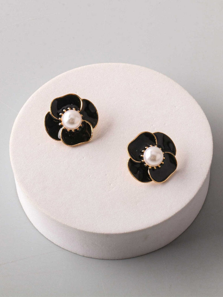 FASHION BLACK & GOLD PEARL FLOWER EARRINGS